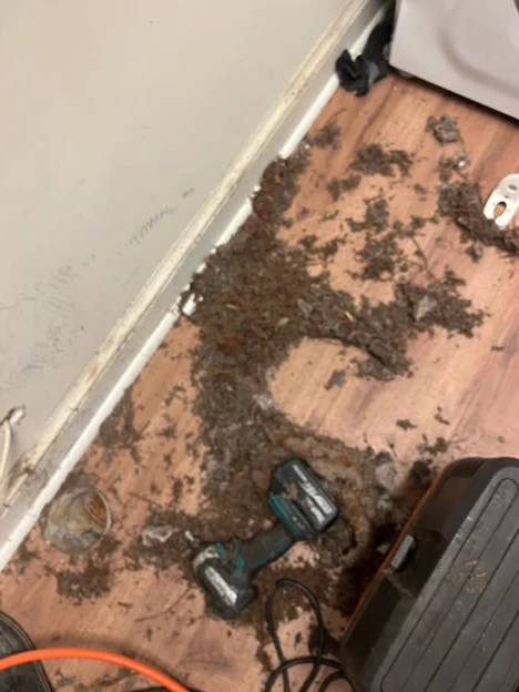 Pile of lint pulled from a clogged dryer vent on a laundry room floor